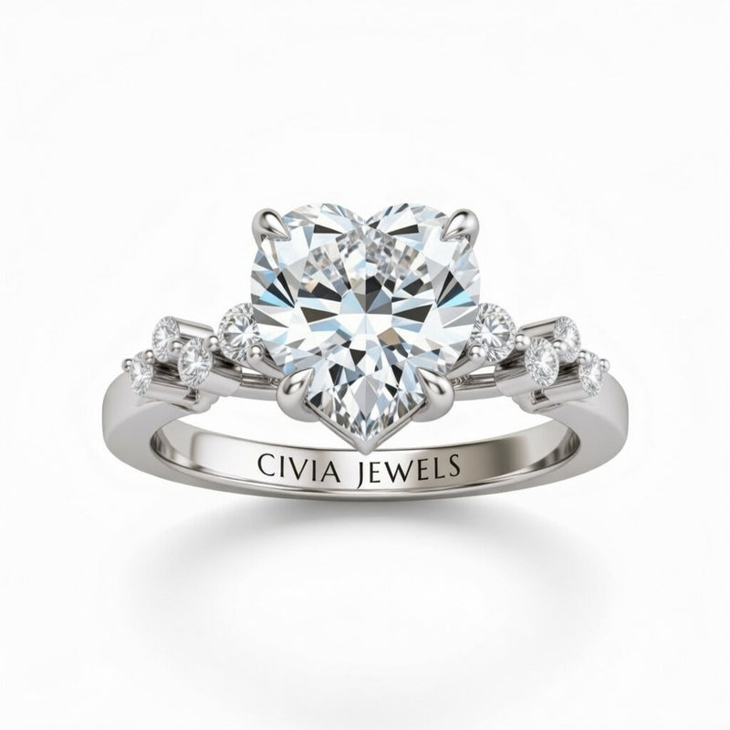 White Gold Heart Cut Engagement Ring With Diamond Scatter Accent Shoulders And Classic Four-Prong Setting