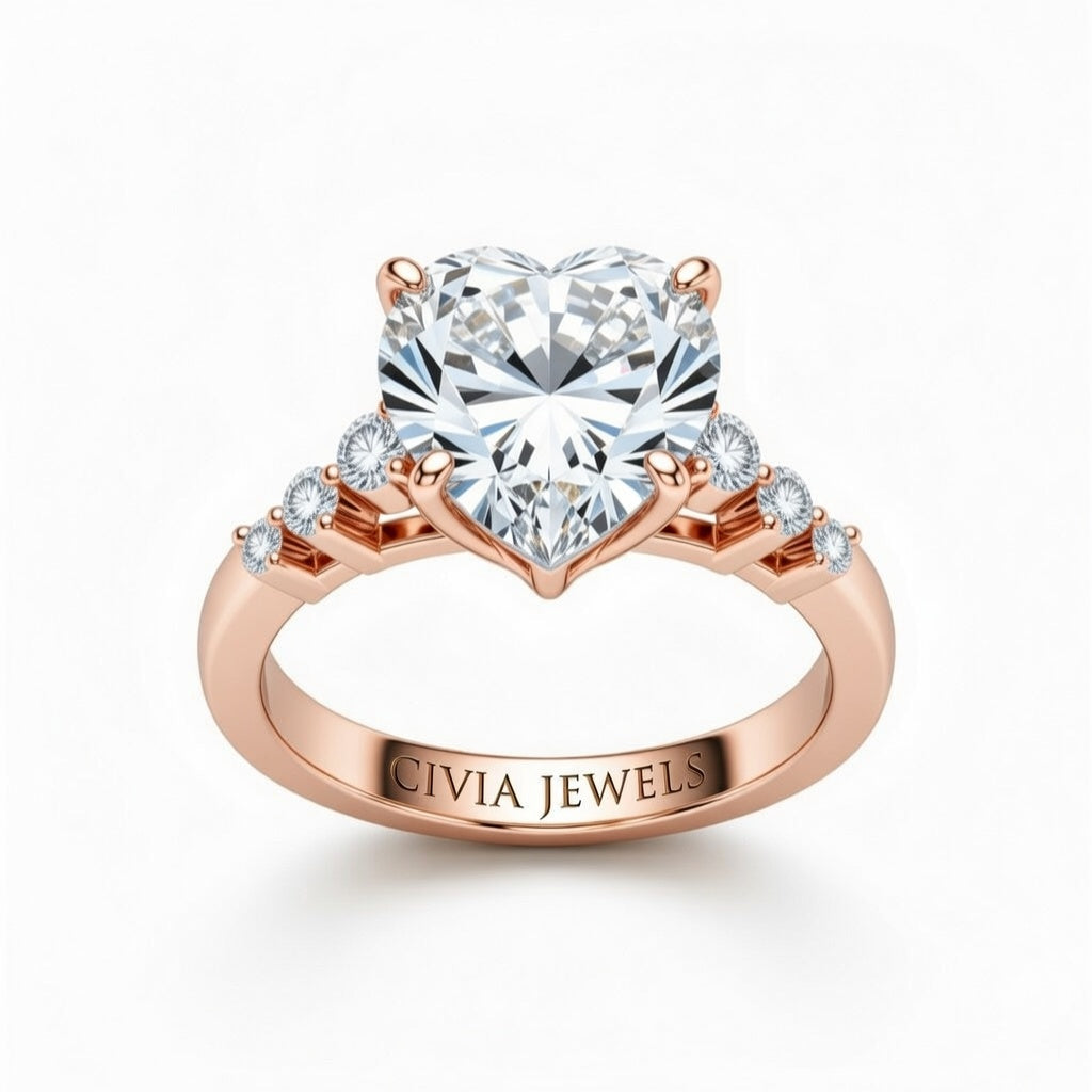 Rose Gold Heart Cut Engagement Ring With Diamond Scatter Accent Shoulders And Classic Four-Prong Setting