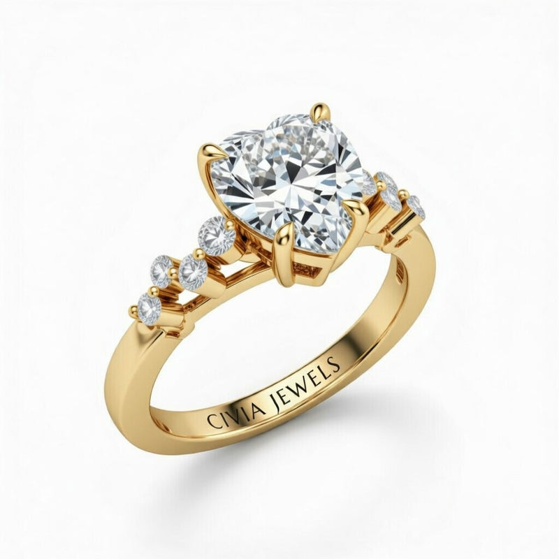 Yellow Gold Heart Cut Engagement Ring With Diamond Scatter Accent Shoulders And Classic Four-Prong Setting