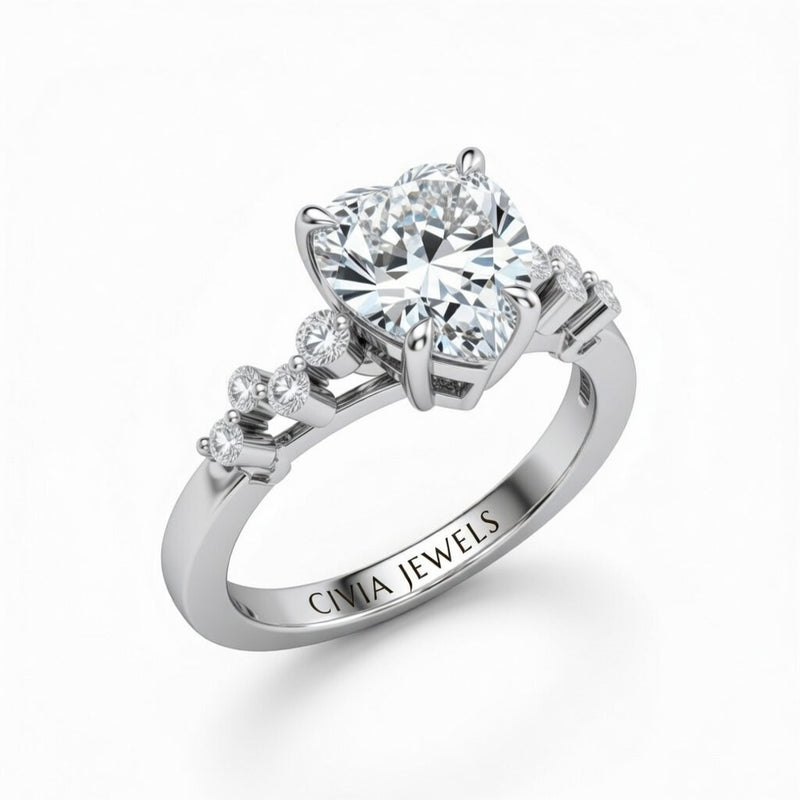 Silver Heart Cut Engagement Ring With Diamond Scatter Accent Shoulders And Classic Four-Prong Setting