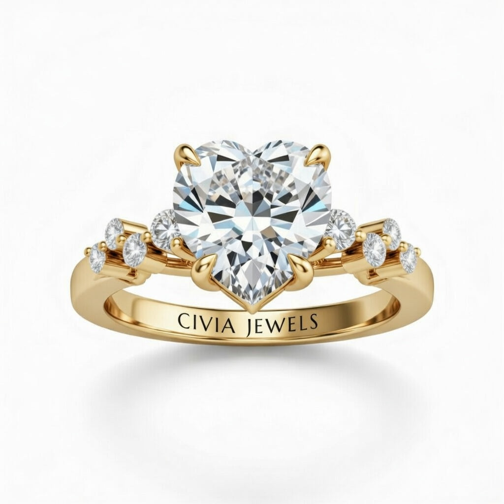 Yellow Gold Heart Cut Engagement Ring With Diamond Scatter Accent Shoulders And Classic Four-Prong Setting