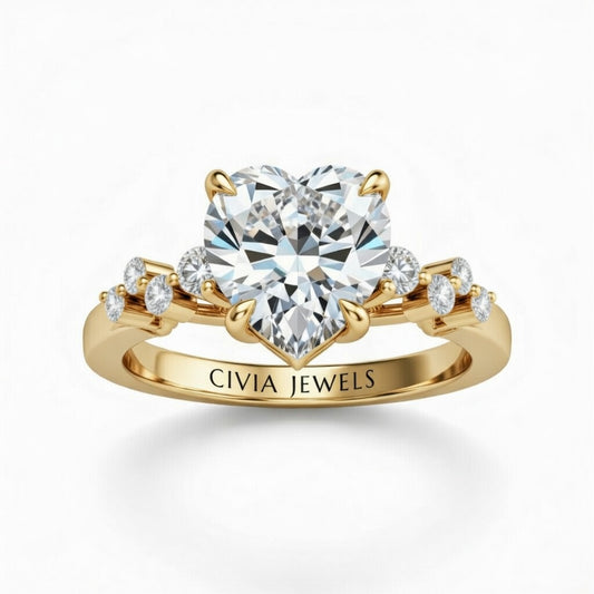 Yellow Gold Heart Cut Engagement Ring With Diamond Scatter Accent Shoulders And Classic Four-Prong Setting