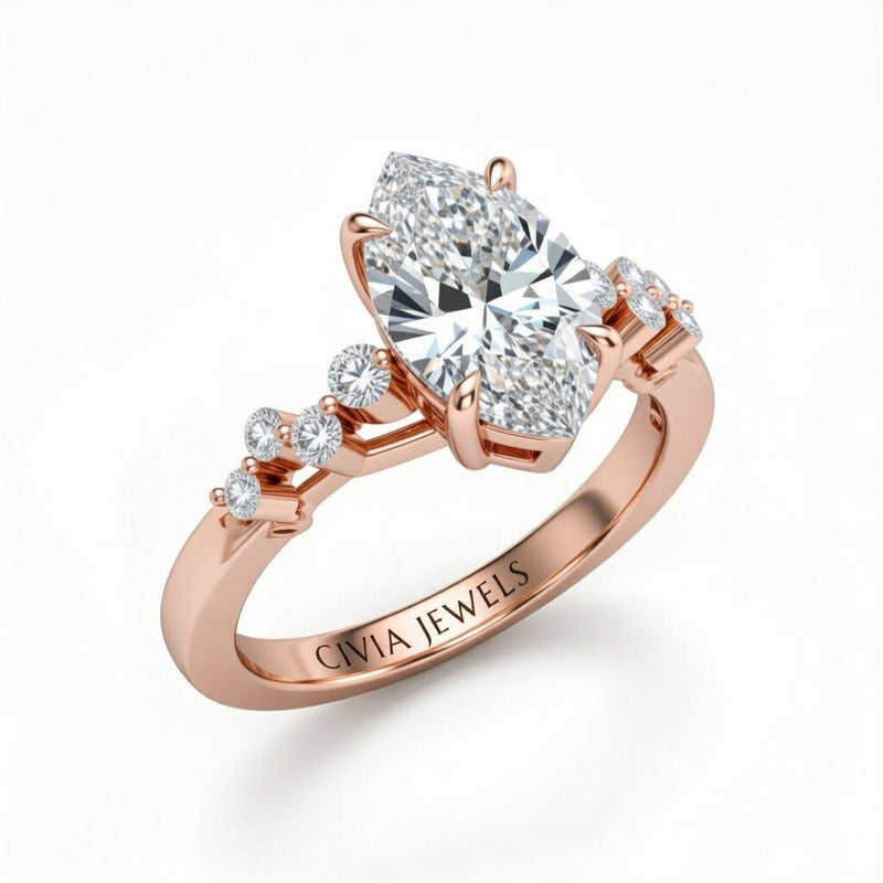 Rose Gold Marquise Cut Engagement Ring With Diamond Scatter Accent Shoulders And Classic Four-Prong Setting