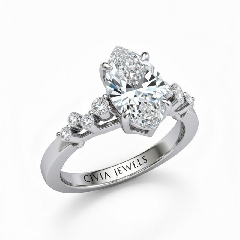 Silver Marquise Cut Engagement Ring With Diamond Scatter Accent Shoulders And Classic Four-Prong Setting