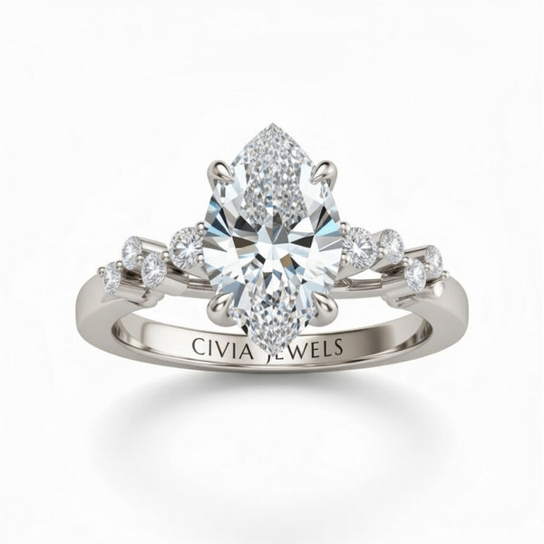 Silver Marquise Cut Engagement Ring With Diamond Scatter Accent Shoulders And Classic Four-Prong Setting