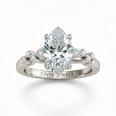 Silver Marquise Cut Engagement Ring With Diamond Scatter Accent Shoulders And Classic Four-Prong Setting