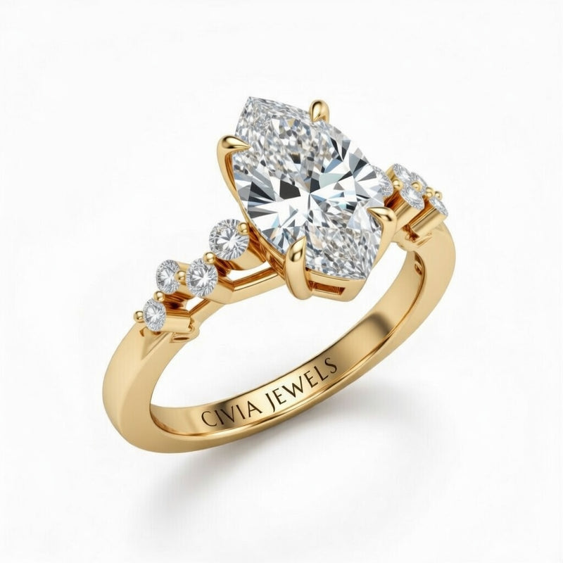 Yellow Gold Marquise Cut Engagement Ring With Diamond Scatter Accent Shoulders And Classic Four-Prong Setting