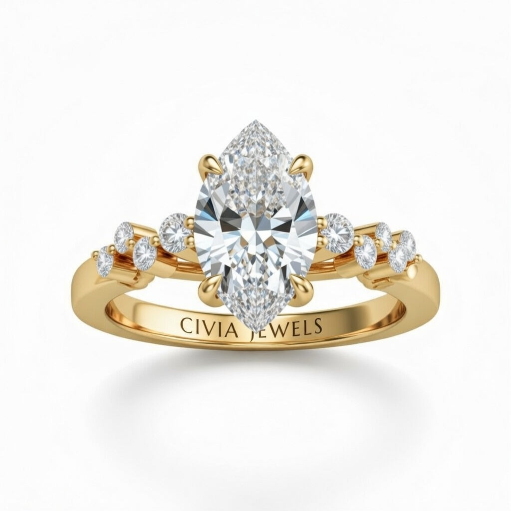 Yellow Gold Marquise Cut Engagement Ring With Diamond Scatter Accent Shoulders And Classic Four-Prong Setting