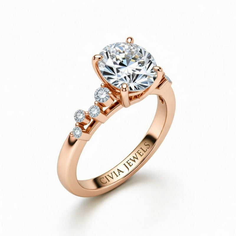 Rose Gold Oval Cut Engagement Ring With Diamond Scatter Accent Shoulders And Classic Four-Prong Setting