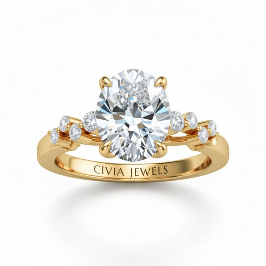 Yellow Gold Oval Cut Engagement Ring With Diamond Scatter Accent Shoulders And Classic Four-Prong Setting