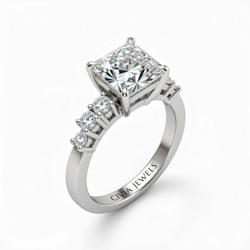 White Gold Princess Cut Engagement Ring With Diamond Scatter Accent Shoulders And Classic Four-Prong Setting