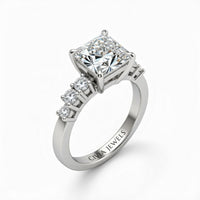 Silver Princess Cut Engagement Ring With Diamond Scatter Accent Shoulders And Classic Four-Prong Setting