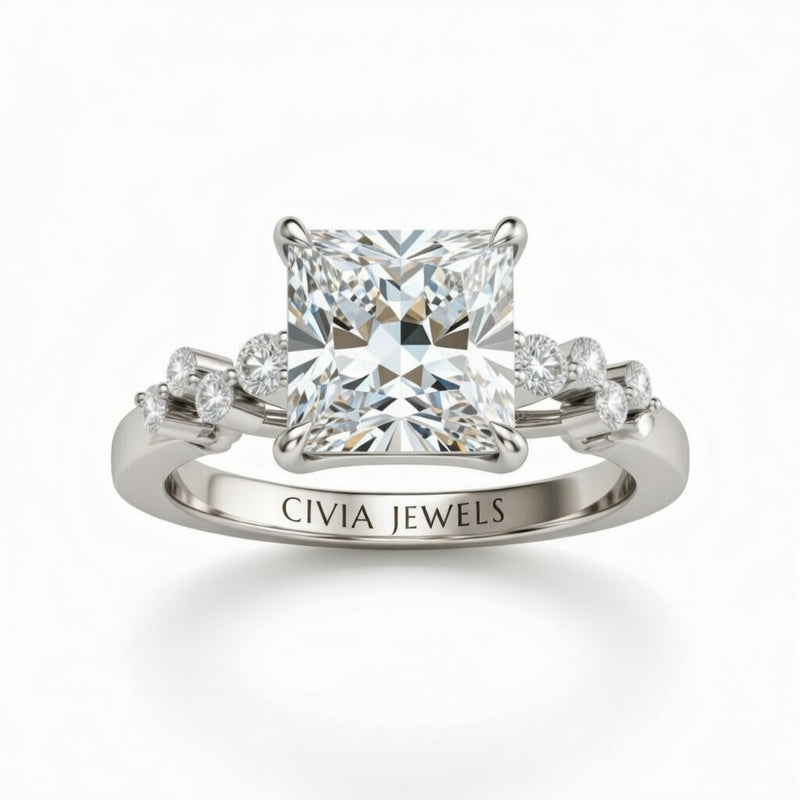 White Gold Princess Cut Engagement Ring With Diamond Scatter Accent Shoulders And Classic Four-Prong Setting
