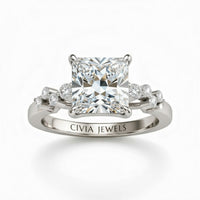 Silver Princess Cut Engagement Ring With Diamond Scatter Accent Shoulders And Classic Four-Prong Setting