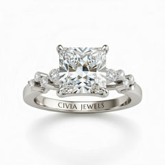 Silver Princess Cut Engagement Ring With Diamond Scatter Accent Shoulders And Classic Four-Prong Setting
