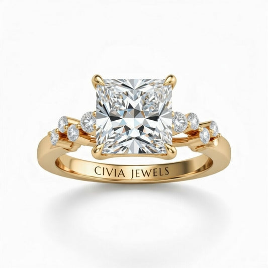 Yellow Gold Princess Cut Engagement Ring With Diamond Scatter Accent Shoulders And Classic Four-Prong Setting