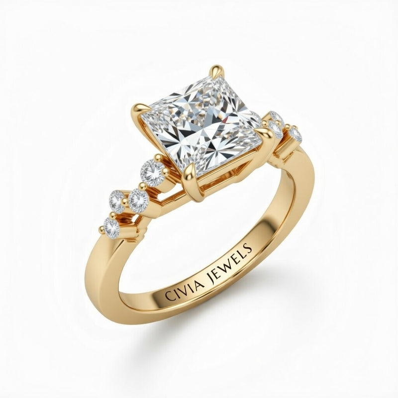 Yellow Gold Princess Cut Engagement Ring With Diamond Scatter Accent Shoulders And Classic Four-Prong Setting