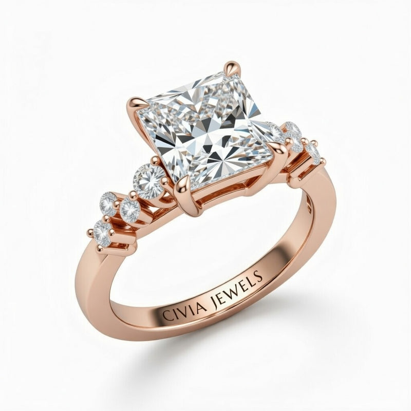 Rose Gold Princess Cut Engagement Ring With Diamond Scatter Accent Shoulders And Classic Four-Prong Setting
