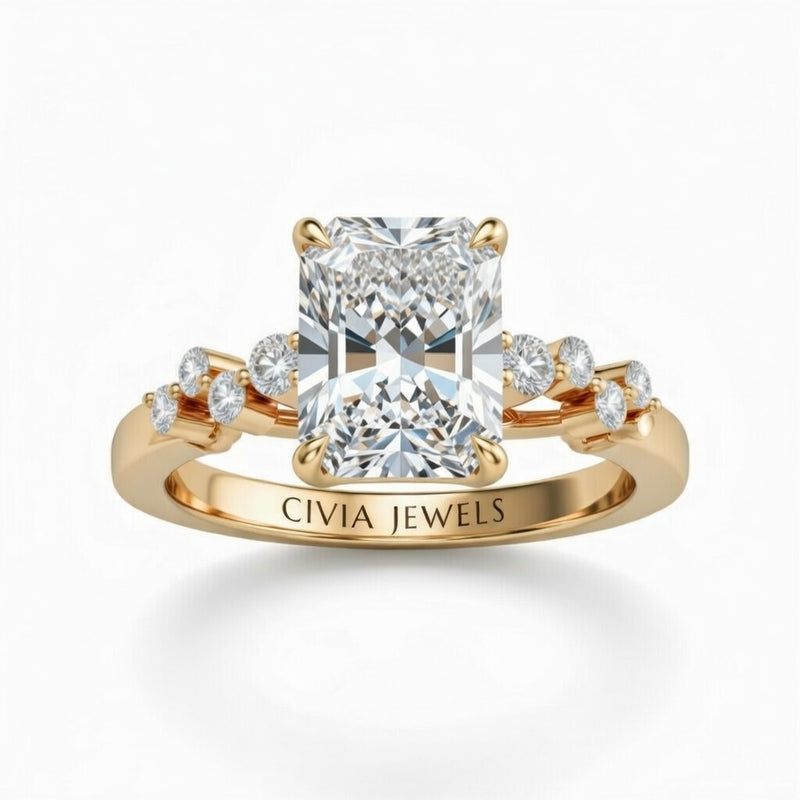Yellow Gold Radiant Cut Engagement Ring With Diamond Scatter Accent Shoulders And Classic Four-Prong Setting