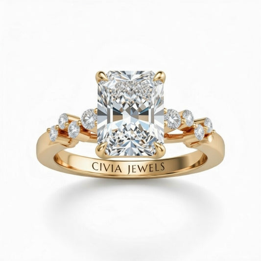 Yellow Gold Radiant Cut Engagement Ring With Diamond Scatter Accent Shoulders And Classic Four-Prong Setting