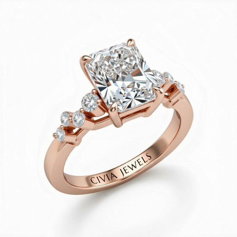 Rose Gold Radiant Cut Engagement Ring With Diamond Scatter Accent Shoulders And Classic Four-Prong Setting