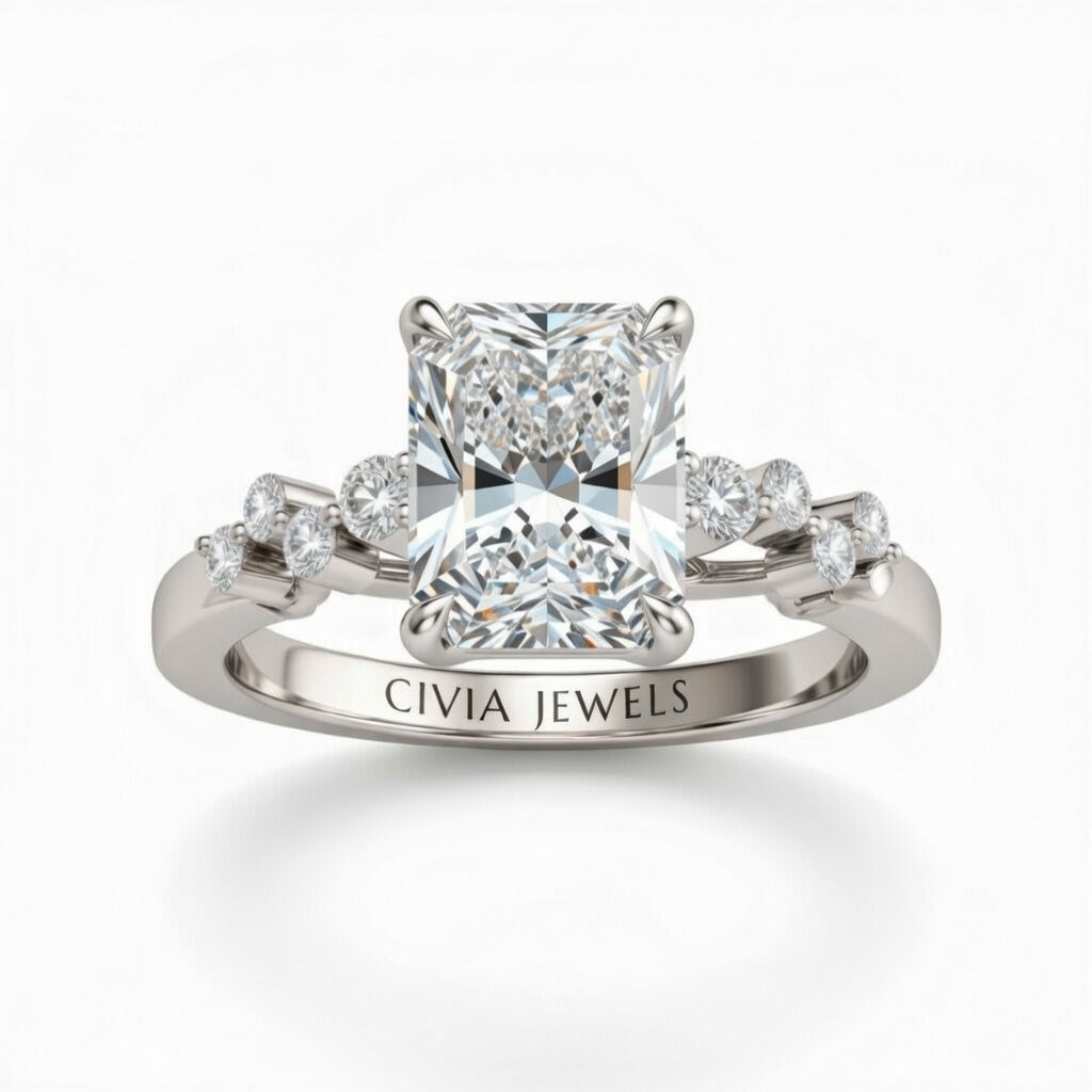 White Gold Radiant Cut Engagement Ring With Diamond Scatter Accent Shoulders And Classic Four-Prong Setting