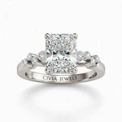 White Gold Radiant Cut Engagement Ring With Diamond Scatter Accent Shoulders And Classic Four-Prong Setting