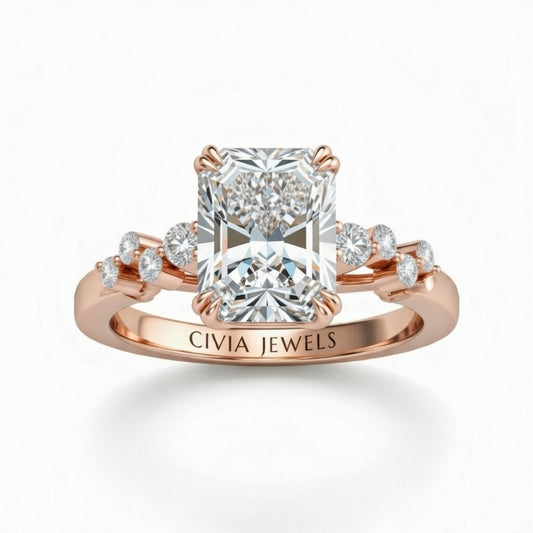 Rose Gold Radiant Cut Engagement Ring With Diamond Scatter Accent Shoulders And Classic Four-Prong Setting
