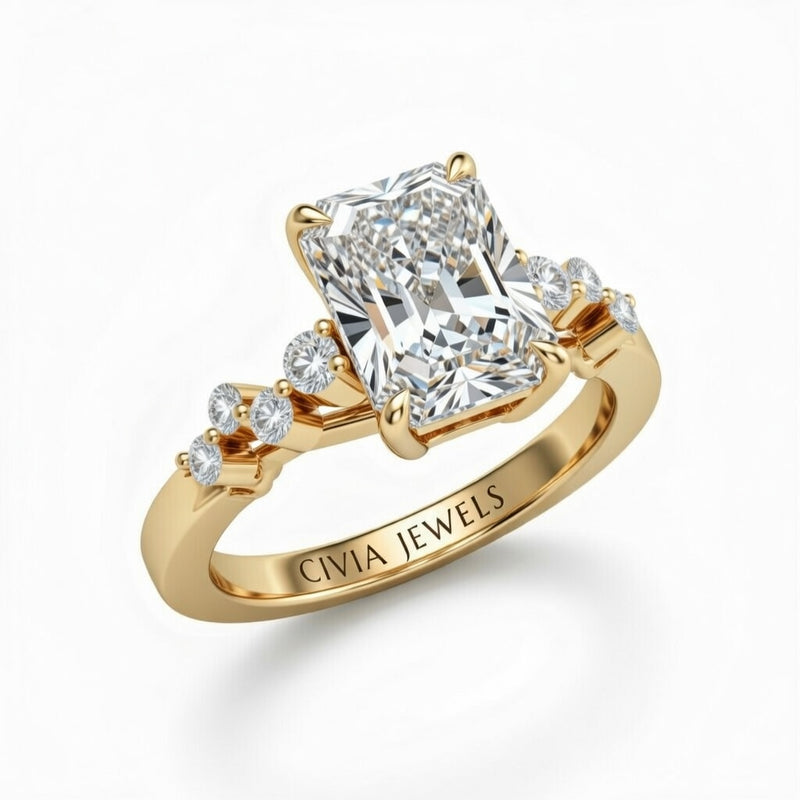 Yellow Gold Radiant Cut Engagement Ring With Diamond Scatter Accent Shoulders And Classic Four-Prong Setting