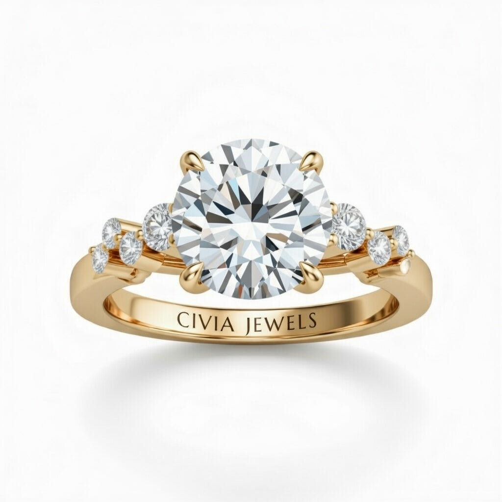 Yellow Gold Round Cut Engagement Ring With Diamond Scatter Accent Shoulders And Classic Four-Prong Setting