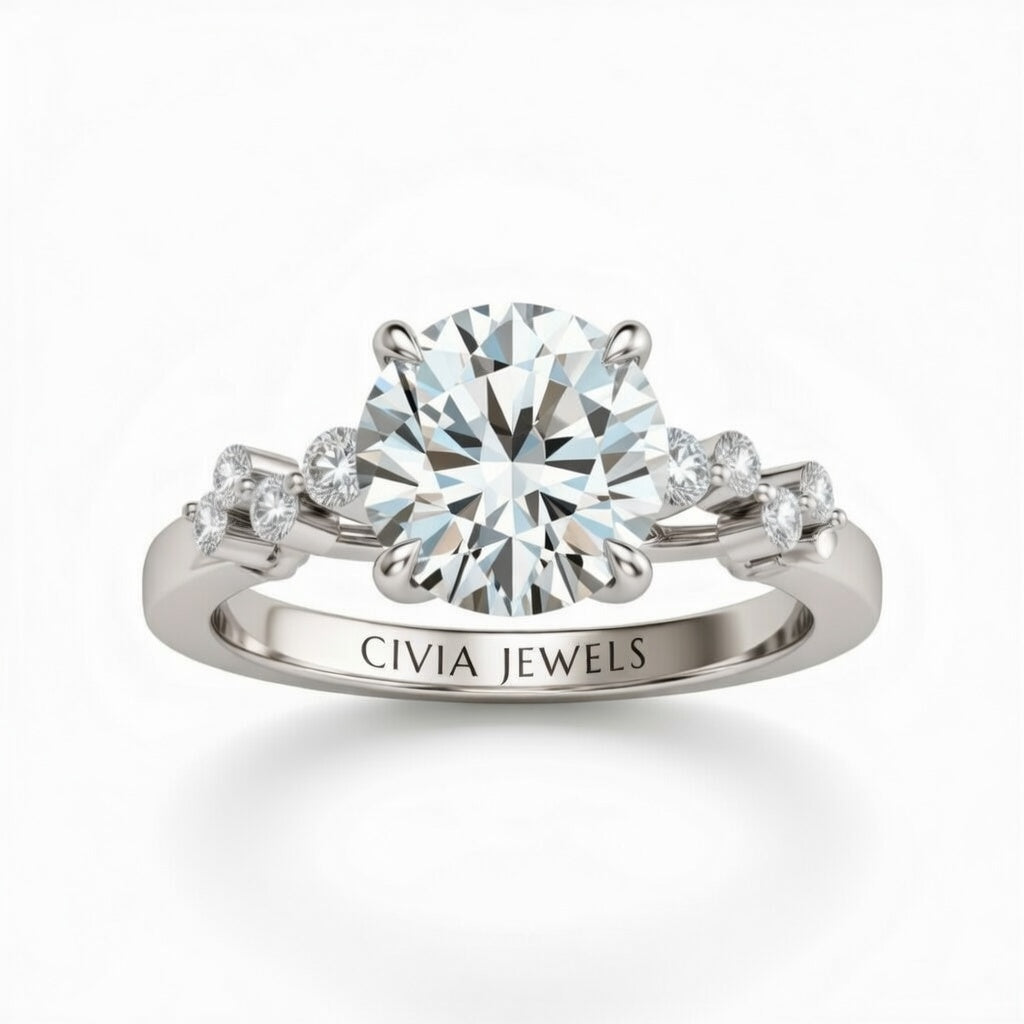 Silver Round Cut Engagement Ring With Diamond Scatter Accent Shoulders And Classic Four-Prong Setting
