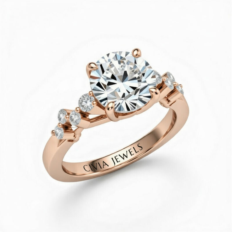 Rose Gold Round Cut Engagement Ring With Diamond Scatter Accent Shoulders And Classic Four-Prong Setting