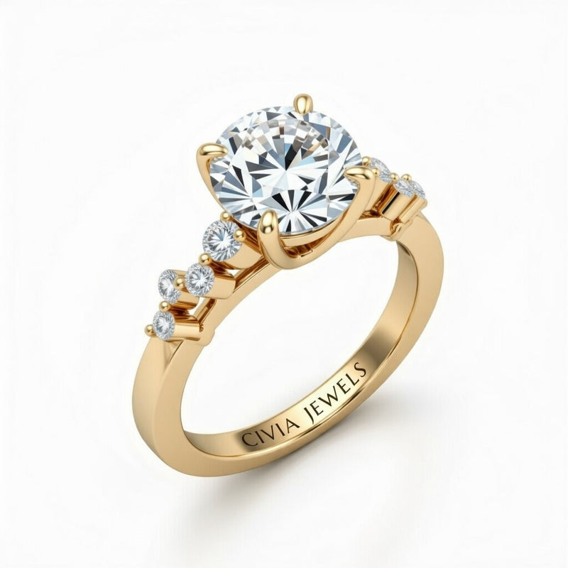 Yellow Gold Round Cut Engagement Ring With Diamond Scatter Accent Shoulders And Classic Four-Prong Setting