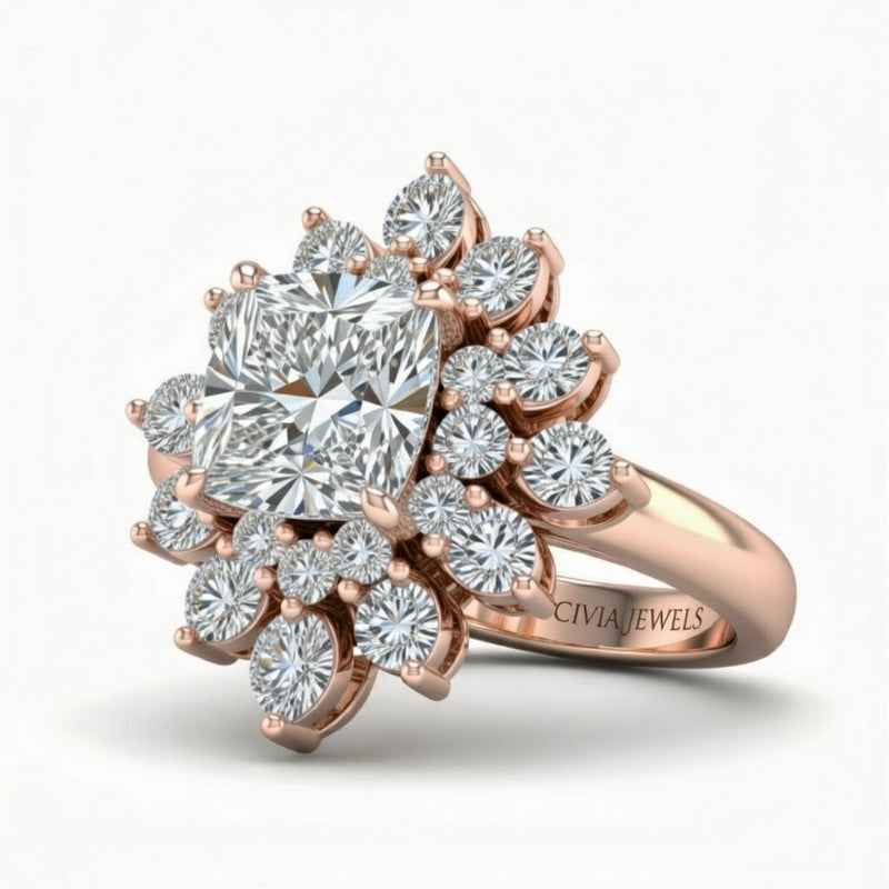 Rose Gold Cushion Cut Cluster Halo Engagement Ring With Floral Diamond Frame