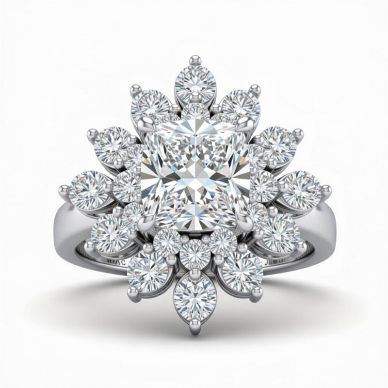 Silver Cushion Cut Cluster Halo Engagement Ring With Floral Diamond Frame