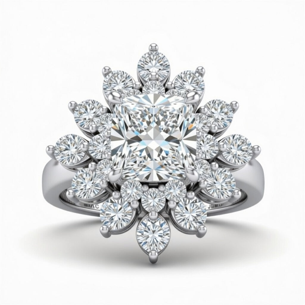 Silver Cushion Cut Cluster Halo Engagement Ring With Floral Diamond Frame