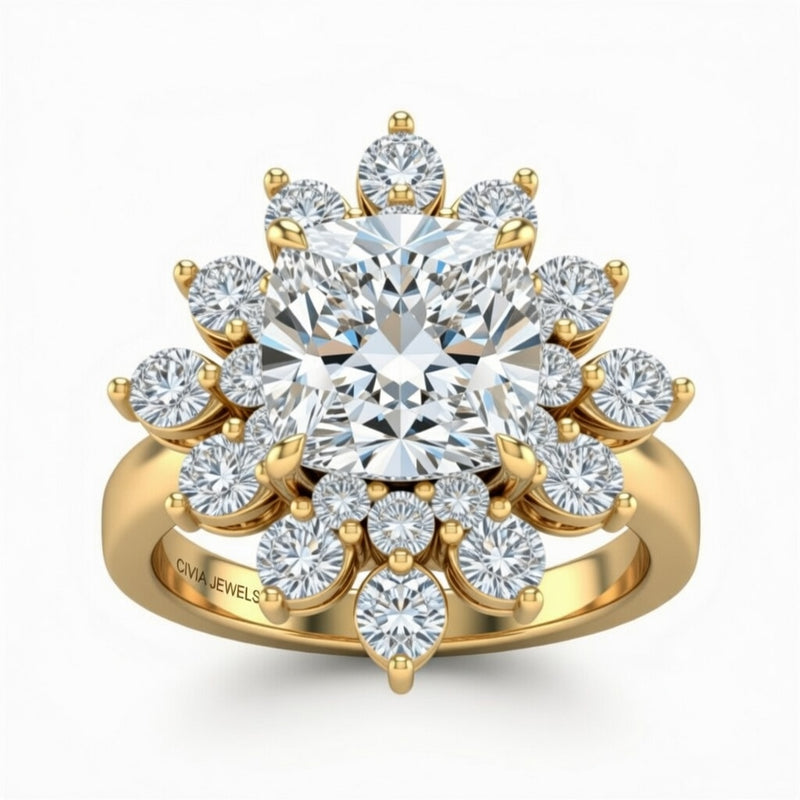 Yellow Gold Cushion Cut Cluster Halo Engagement Ring With Floral Diamond Frame