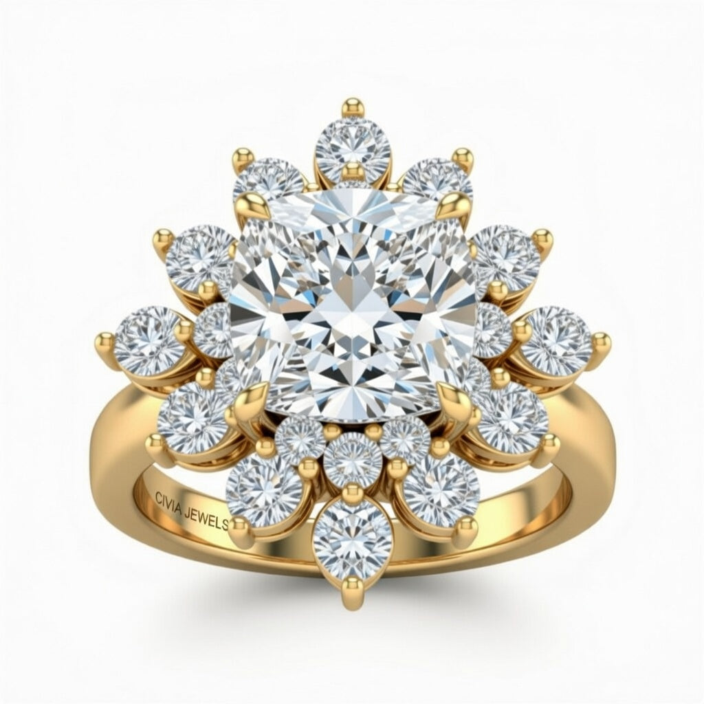 Yellow Gold Cushion Cut Cluster Halo Engagement Ring With Floral Diamond Frame