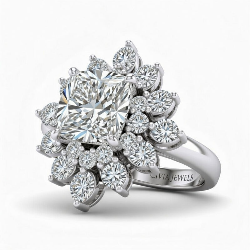 Silver Cushion Cut Cluster Halo Engagement Ring With Floral Diamond Frame