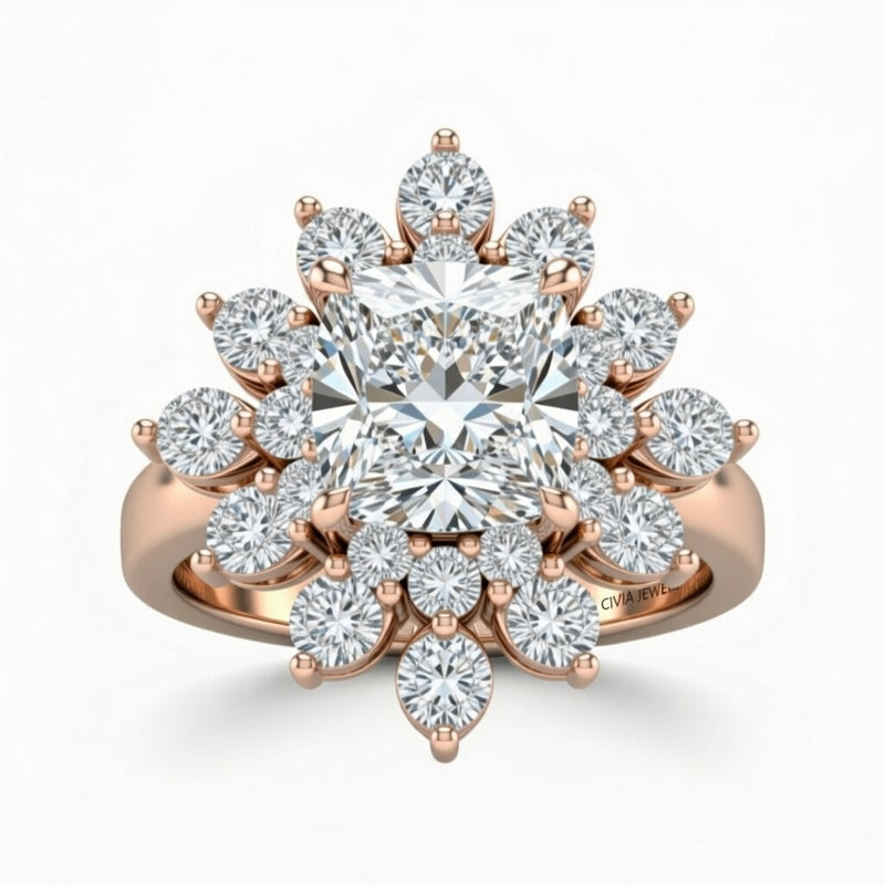 Rose Gold Cushion Cut Cluster Halo Engagement Ring With Floral Diamond Frame