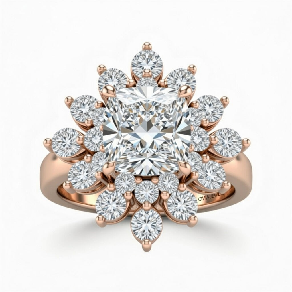 Rose Gold Cushion Cut Cluster Halo Engagement Ring With Floral Diamond Frame