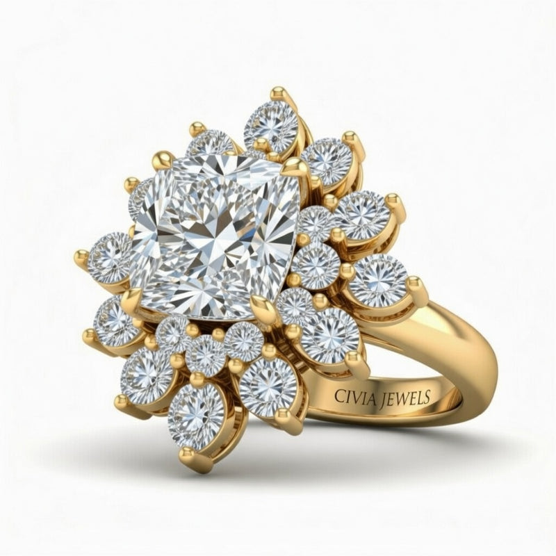 Yellow Gold Cushion Cut Cluster Halo Engagement Ring With Floral Diamond Frame