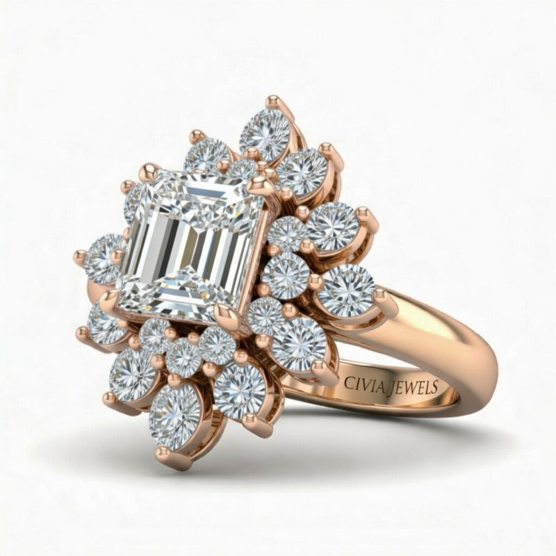 Rose Gold Emerald Cut Cluster Halo Engagement Ring With Floral Diamond Frame
