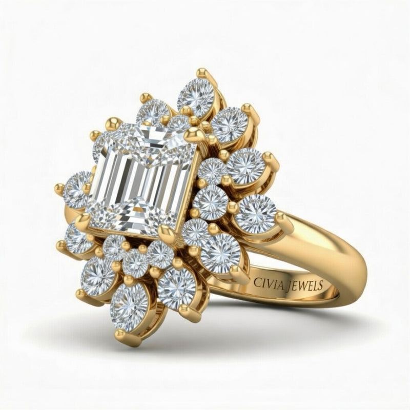 Yellow Gold Emerald Cut Cluster Halo Engagement Ring With Floral Diamond Frame