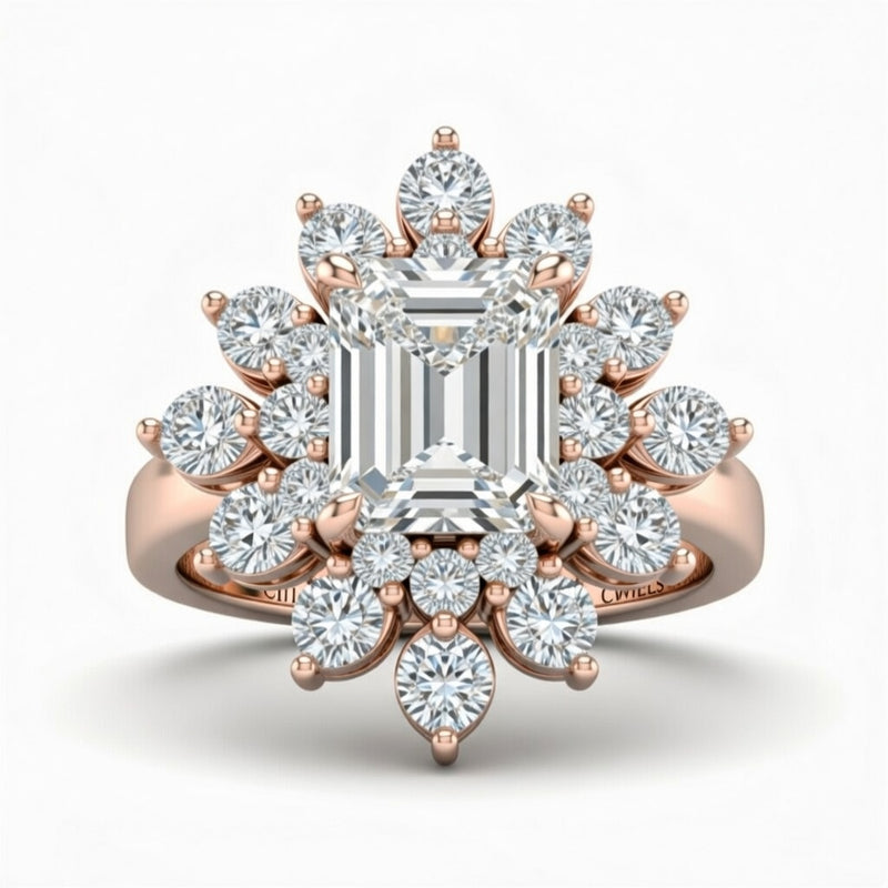 Rose Gold Emerald Cut Cluster Halo Engagement Ring With Floral Diamond Frame