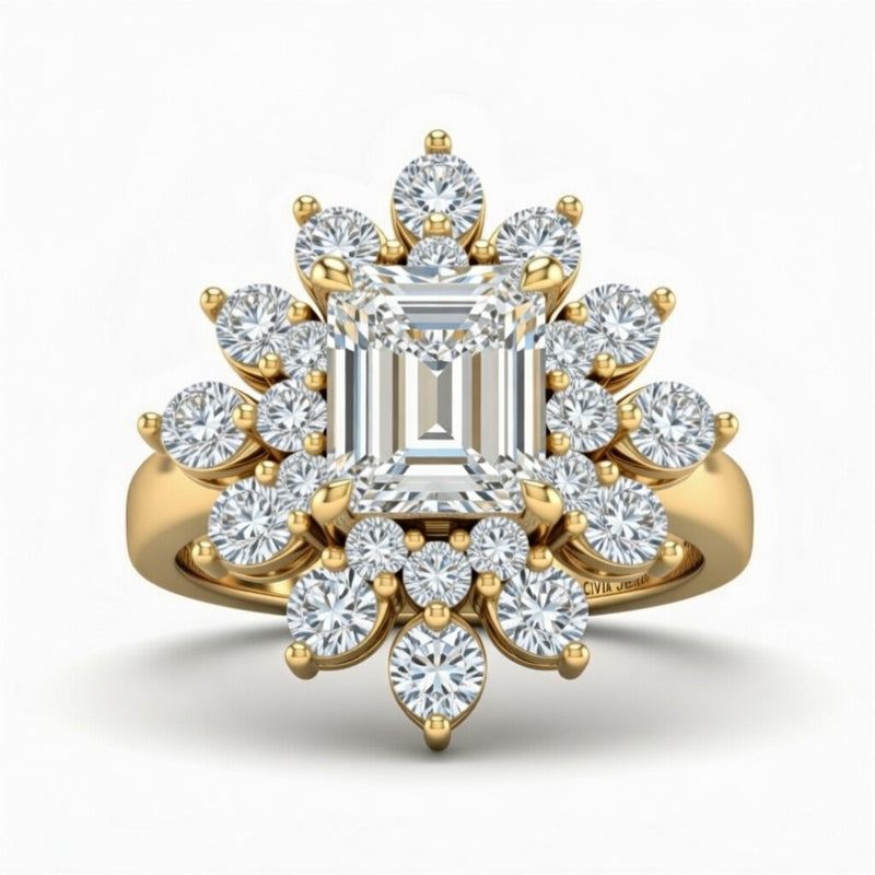 Yellow Gold Emerald Cut Cluster Halo Engagement Ring With Floral Diamond Frame