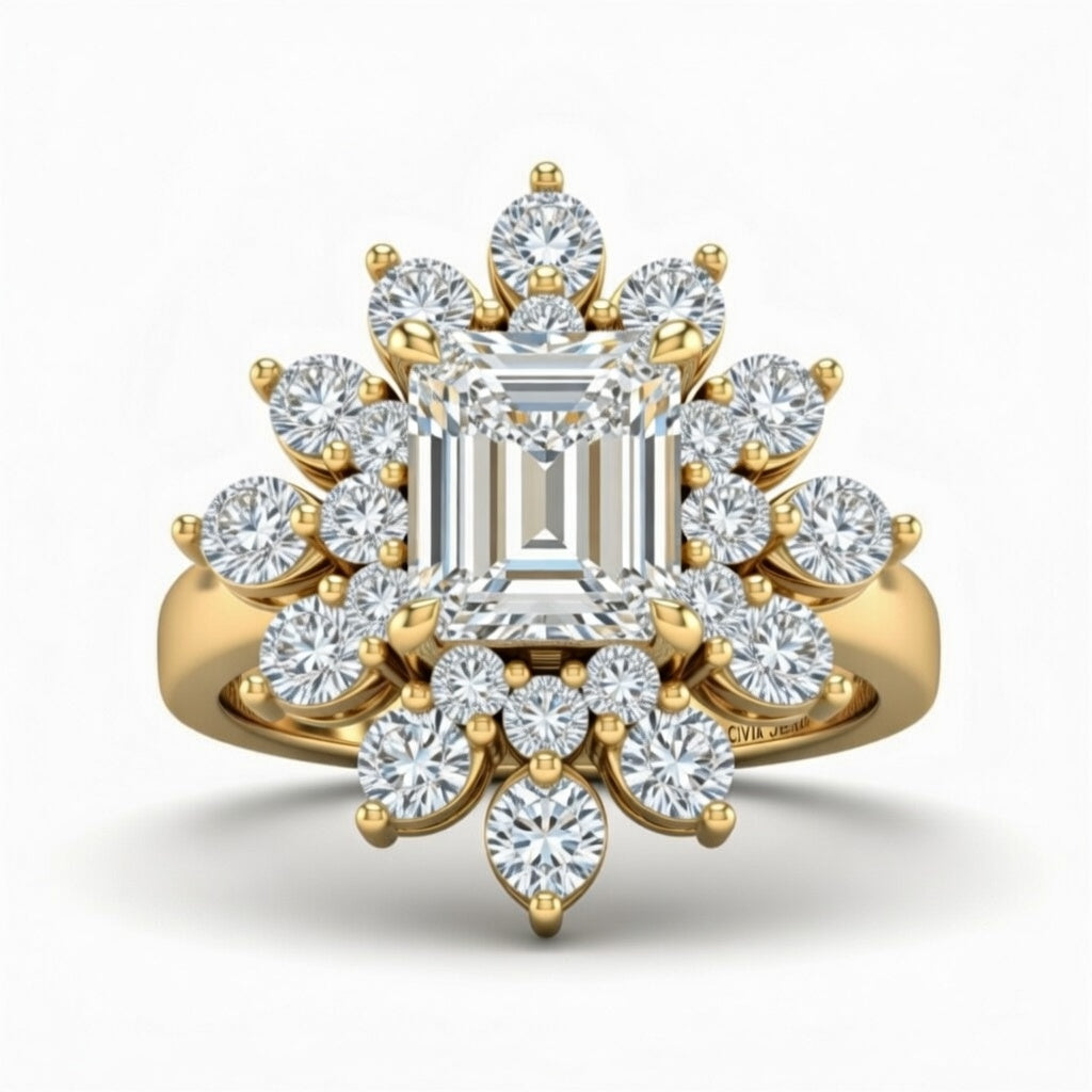 Yellow Gold Emerald Cut Cluster Halo Engagement Ring With Floral Diamond Frame