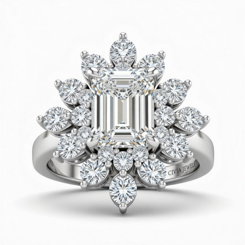 White Gold Emerald Cut Cluster Halo Engagement Ring With Floral Diamond Frame