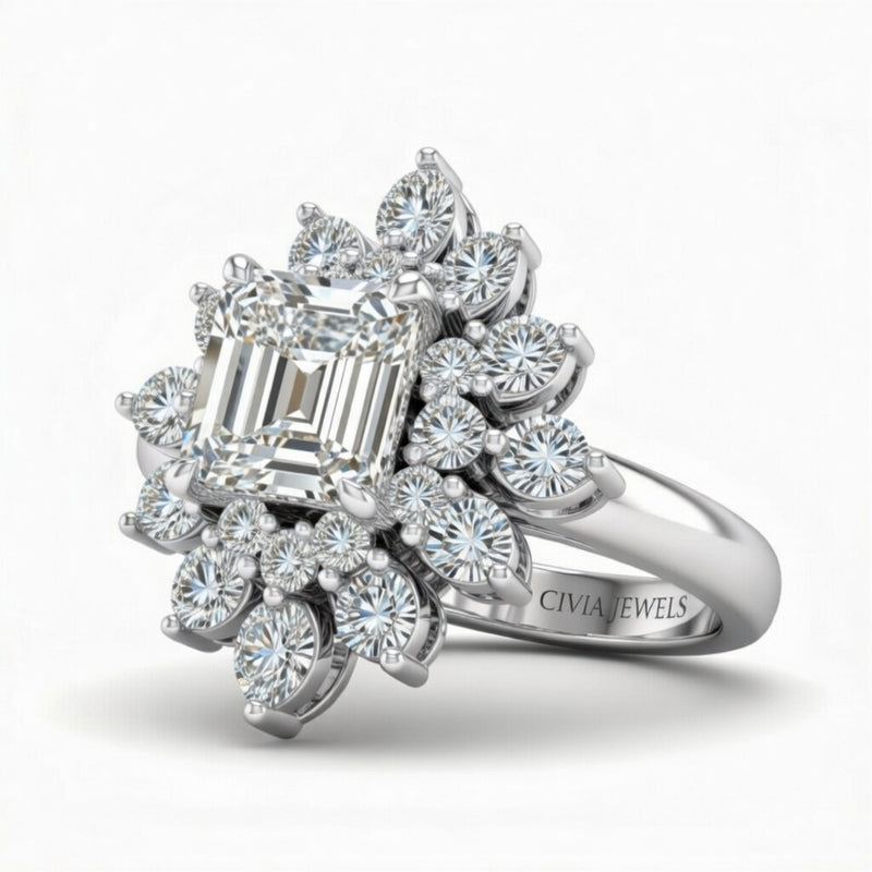 White Gold Emerald Cut Cluster Halo Engagement Ring With Floral Diamond Frame
