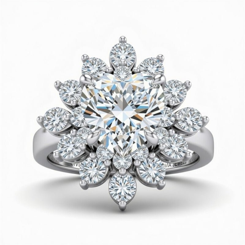 White Gold Heart Cut Cluster Halo Engagement Ring With Floral Diamond Frame
